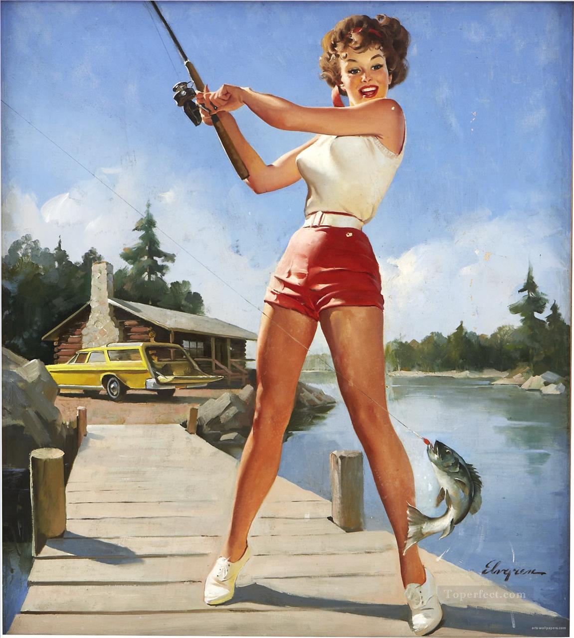 girl fishing napa pin up Oil Paintings